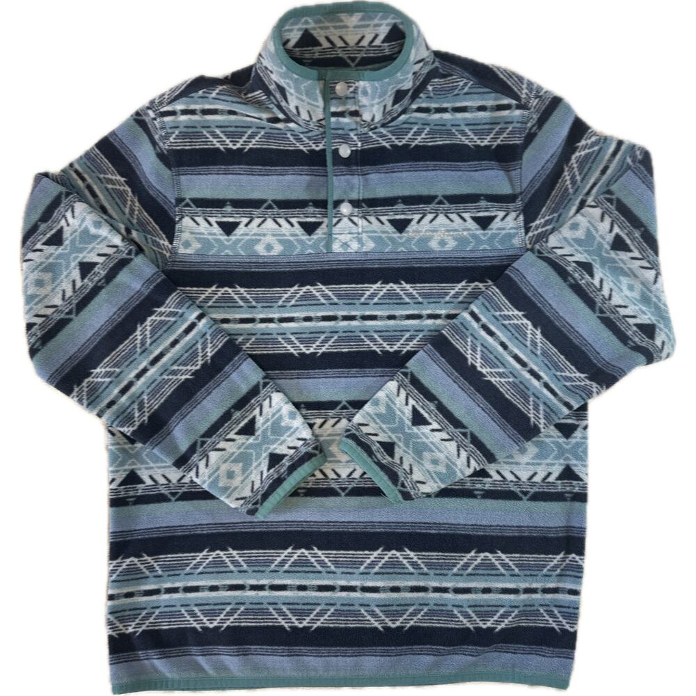 Eddie Bauer Aztec Fleece Pullover Sweatshirt Men's S Blue Vintage Print Retro